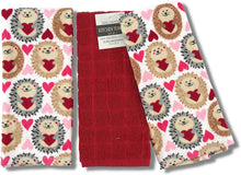Load image into Gallery viewer, Hedgehog Valentines Kitchen Towels: 2 Cute Loving Hedgehogs Send You Valentine Greetings and 1 Solid Red, 3pc (Classic Love)