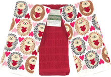 Load image into Gallery viewer, Hedgehog Valentines Kitchen Towels: 2 Cute Loving Hedgehogs Send You Valentine Greetings and 1 Solid Red, 3pc (Classic Love)