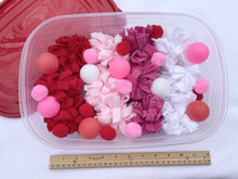 Load image into Gallery viewer, Valentine's Day Hedgehog Dig Box — Red, Pink, and White — Burrowing — Fleece, Ping Pong Balls, Small Pom Poms — Hedgehog Toys — Forage Box