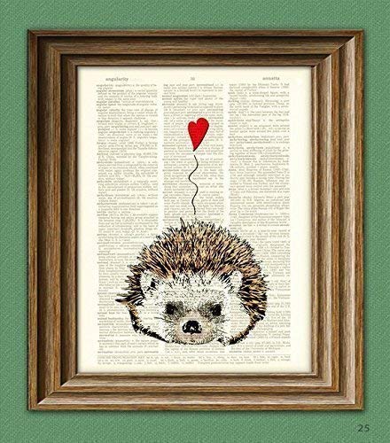 I Love You Valentine Hedgehog With Heart Print Over an Upcycled Vintage Dictionary Page Book Art