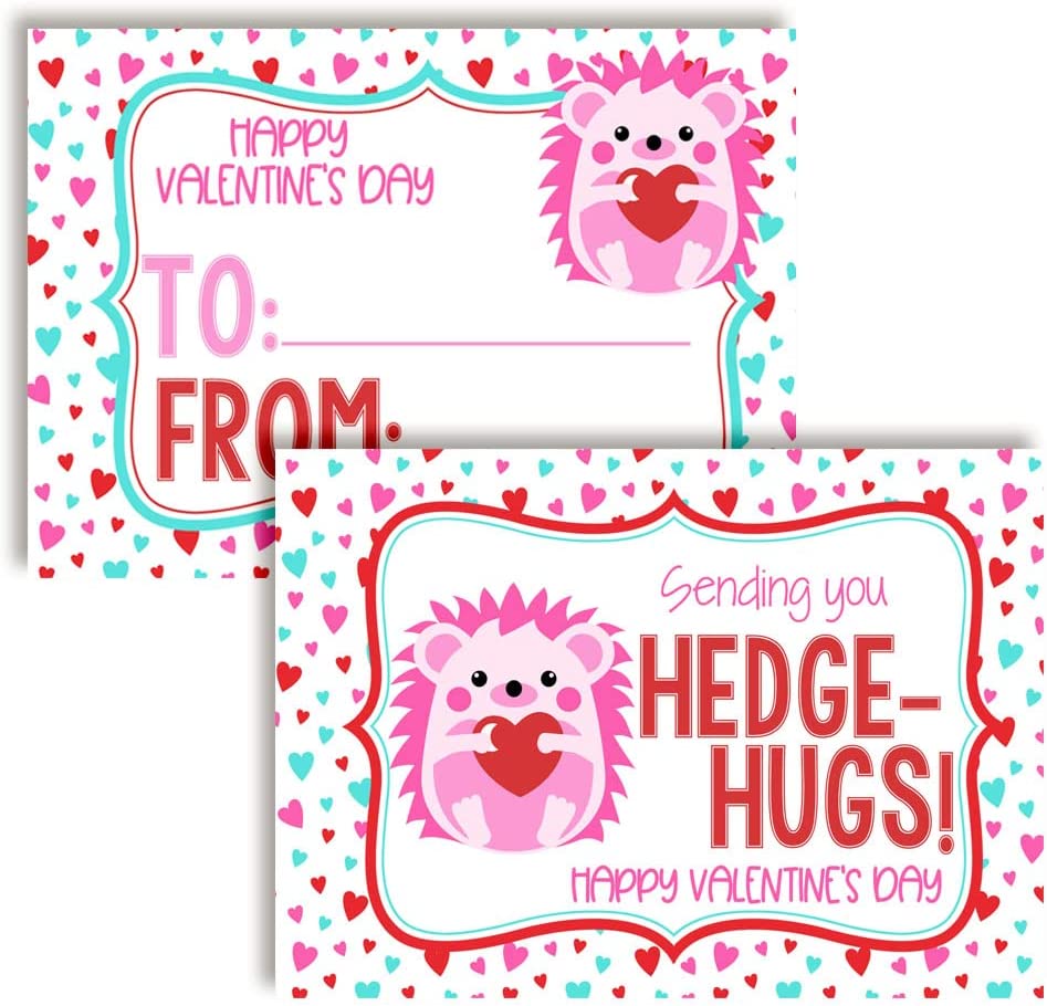 Amanda Creation Valentine Hedge-hugs Hedgehog Themed Valentine's Day Cards for Kids to Give to Friends & Classmates, Thirty (30) 3.5