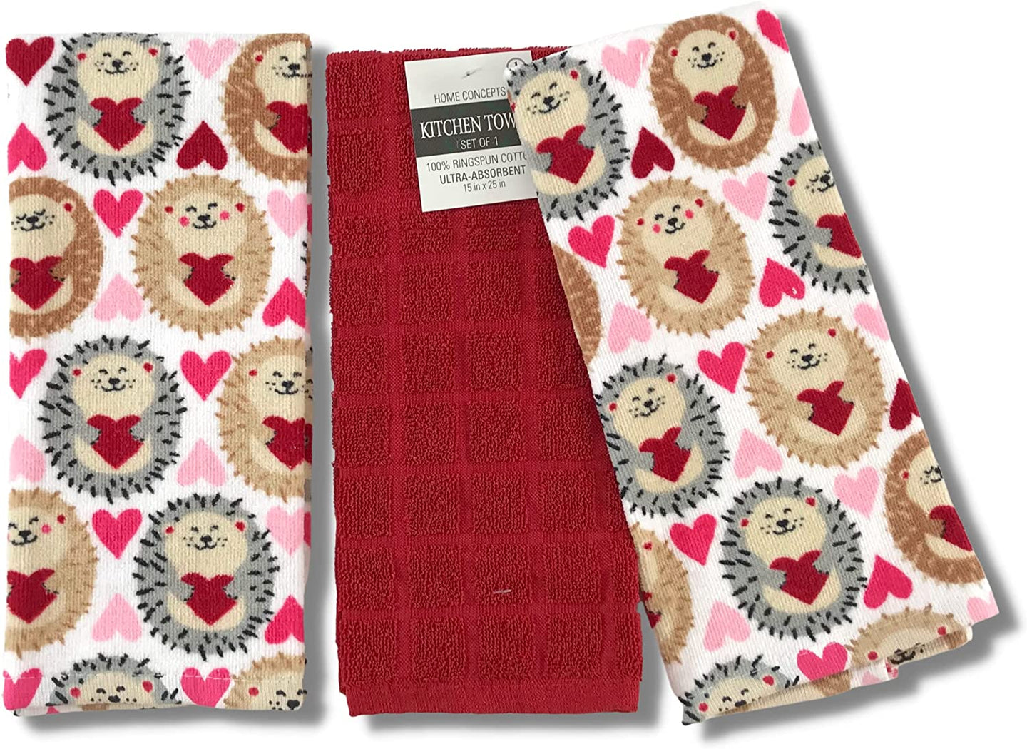 Hedgehog Valentines Kitchen Towels: 2 Cute Loving Hedgehogs Send You Valentine Greetings and 1 Solid Red, 3pc (Classic Love)