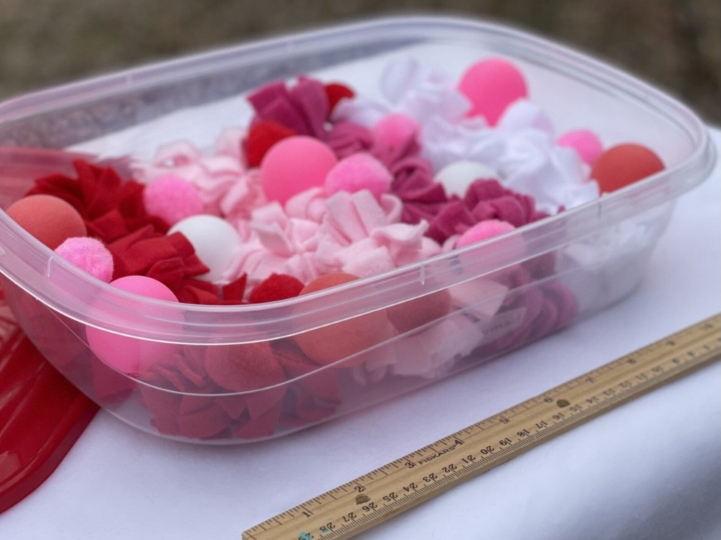 Valentine's Day Hedgehog Dig Box — Red, Pink, and White — Burrowing — Fleece, Ping Pong Balls, Small Pom Poms — Hedgehog Toys — Forage Box